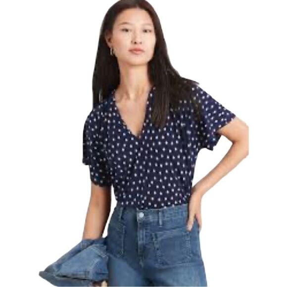 GAP Navy Geometric All Over Print Vneck Short Sleeve Boxy Blouse - Picture 2 of 9